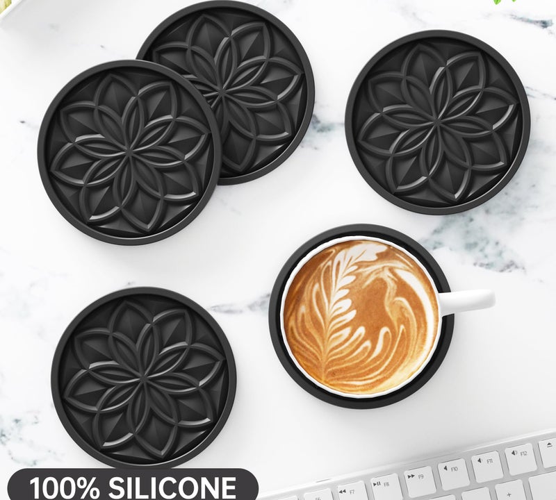HFHOME Drink Coasters Set of 6 Packs with Holder, HFHOME Round Black BPA Free Silicone with Non-Slip Bottom Fits Any Size Cup Mug or Glasses (Black) - Image 3